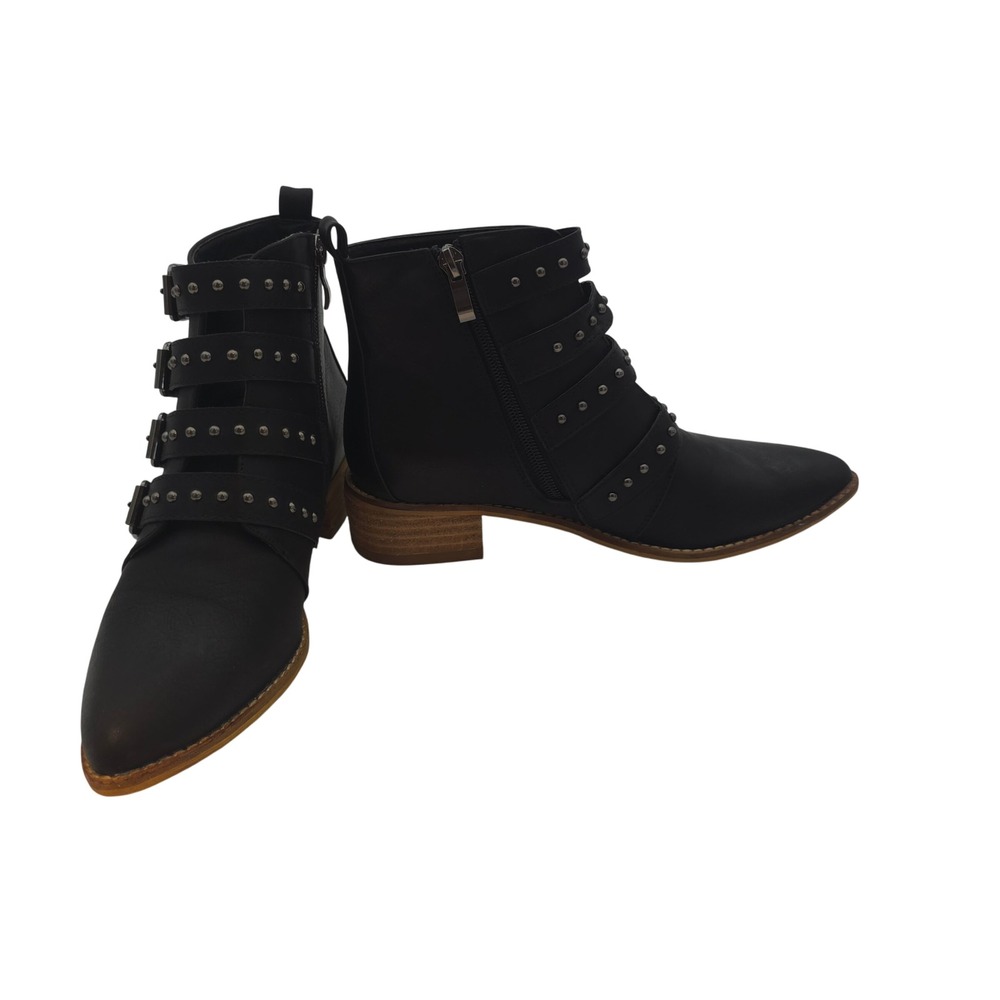 Beast Studded Buckle Ankle Boots Black Pointed Toe Block Heel Zip Women's 6